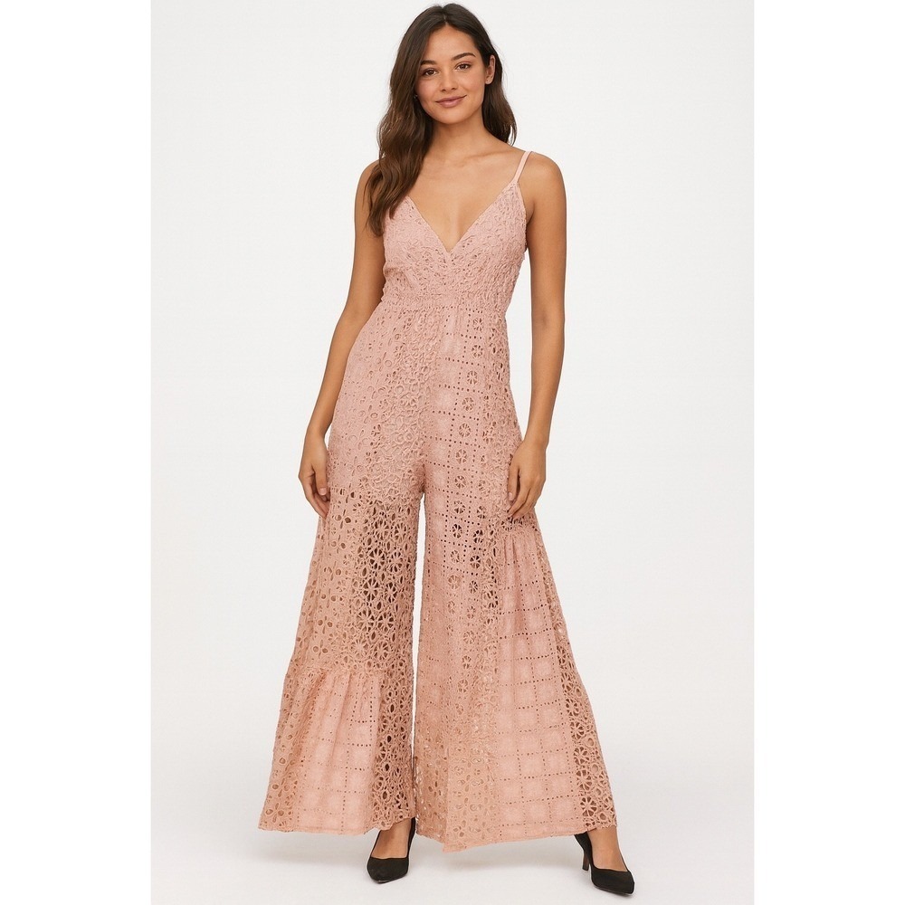 Free People FP One XS Pink Eyelet Lace Wide Leg Jumpsuit Boho Festival